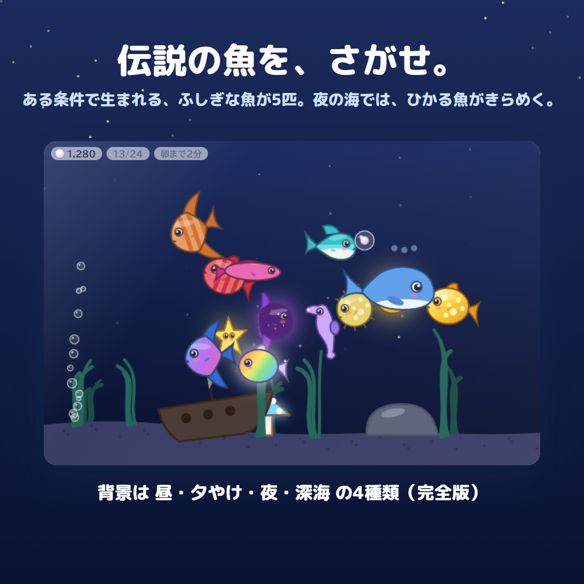 完全版で出会える伝説の魚と昼・夕やけ・夜・深海の背景を紹介する画像