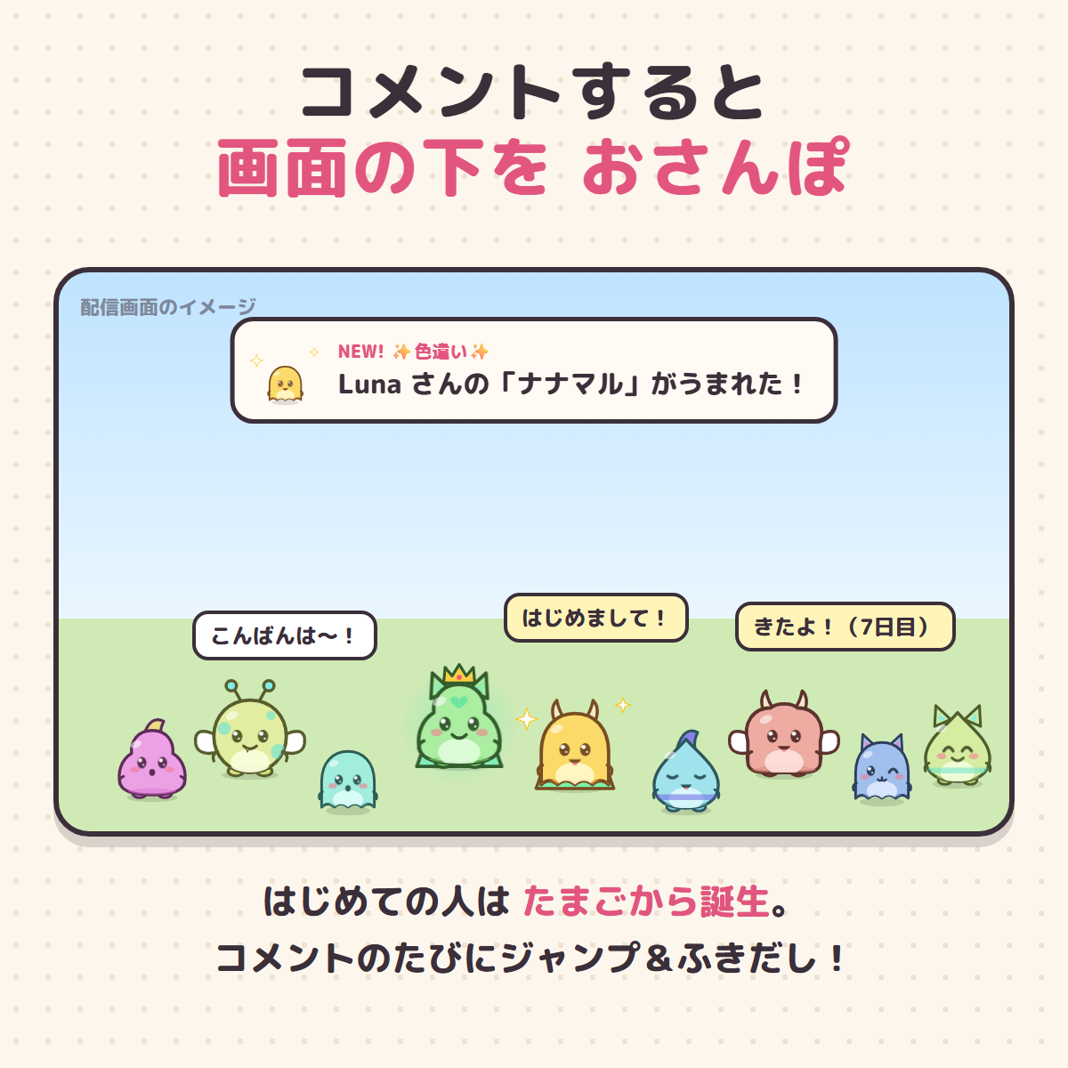配信画面の下を歩き、コメントにジャンプと吹き出しで反応するコメモンの紹介画像