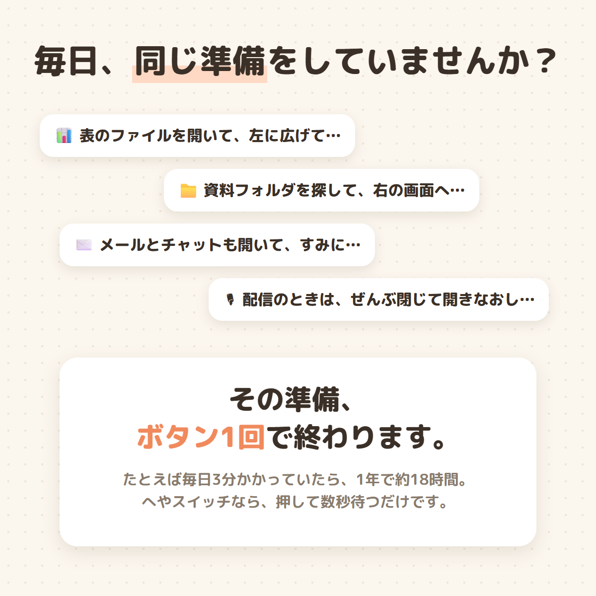 毎日のウィンドウ配置の手間を、へやスイッチでひとまとめにするイメージ