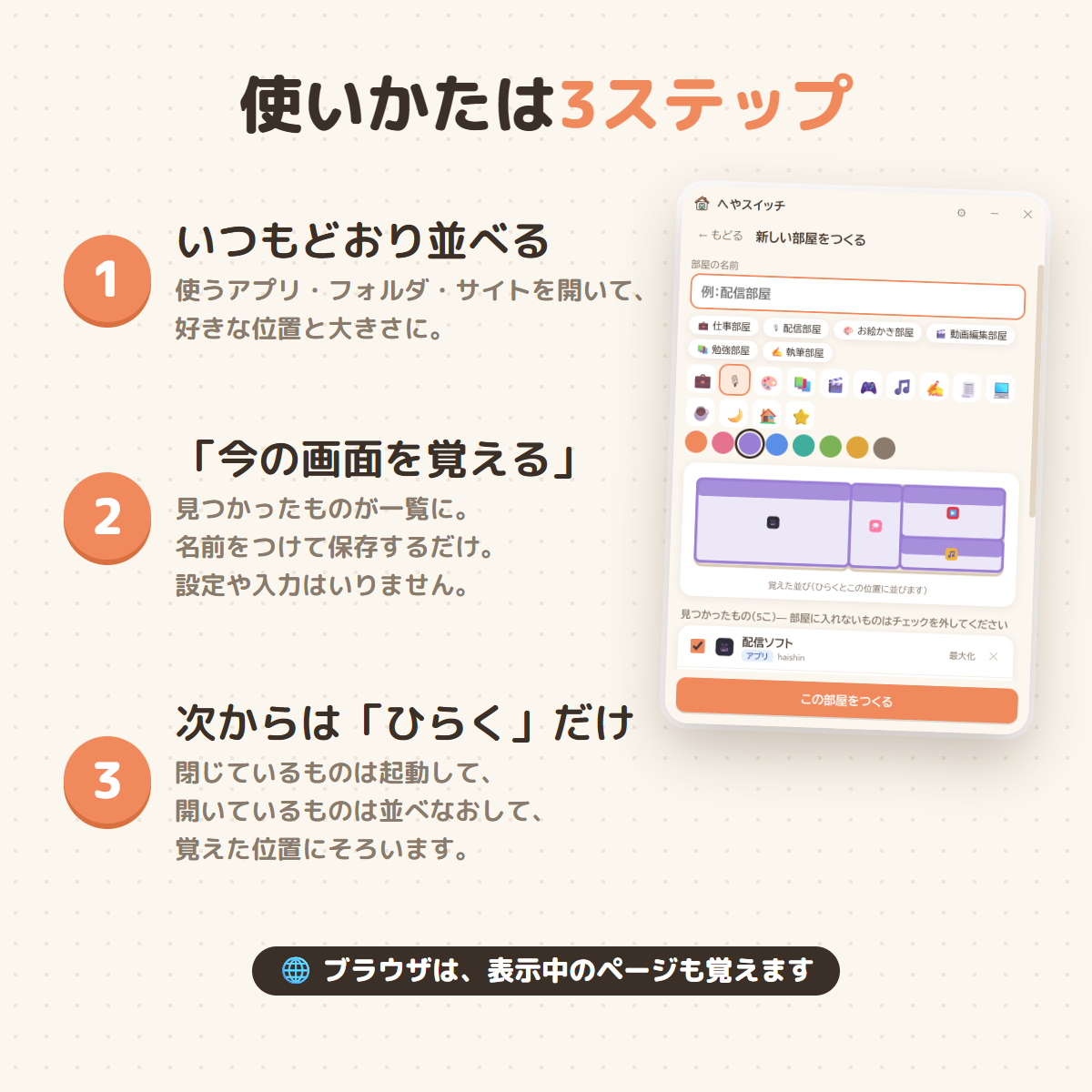 アプリやフォルダを並べ、今の画面を覚えて、次から部屋をひらくへやスイッチの3ステップ